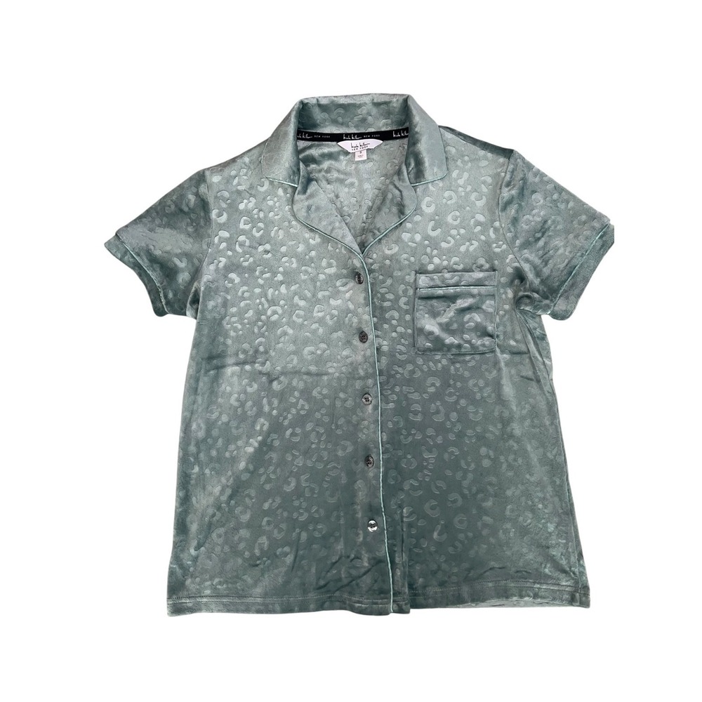 Nicole Miller Pajama Top Leopard‎ Embossed Velvet Short Sleeve Sage Green Small